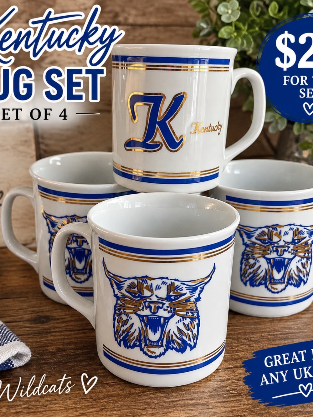 Wildcats Blue & Gold Ceramic Mug Set - Pack of 4